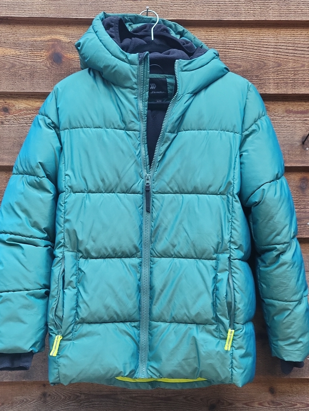 all in motion Teal Hooded Puffer Jacket with Lime Zipper Pulls 16